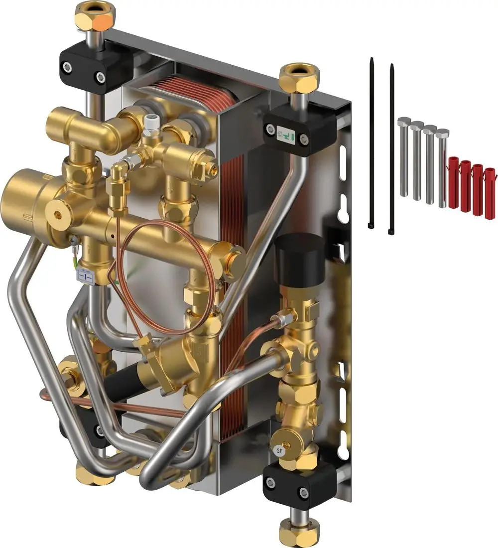 Trinkwasserstation mit mehreren Kupfer- und Messingleitungen, Ventilen und einem Integrationselement von Uponor, dargestellt auf einer Metallplatte mit Montagematerial.